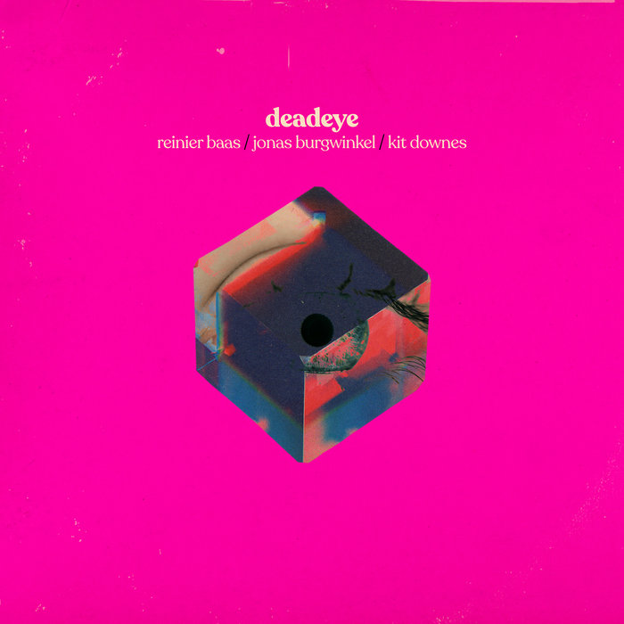 cover of the jazz album Deadeye, bright pink with a cube obscuring a faint image of an eye