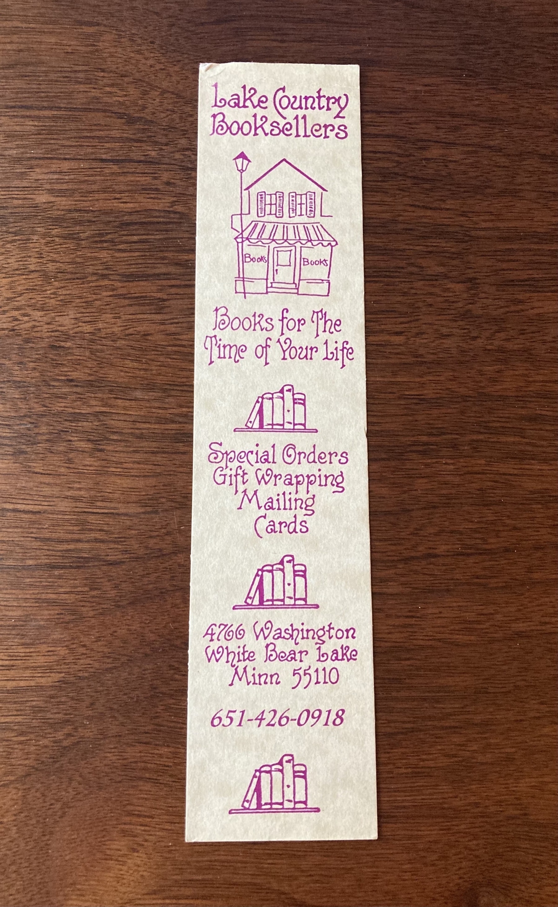 Bookmark for Lake Country Booksellers in White Bear Lake Minnesota