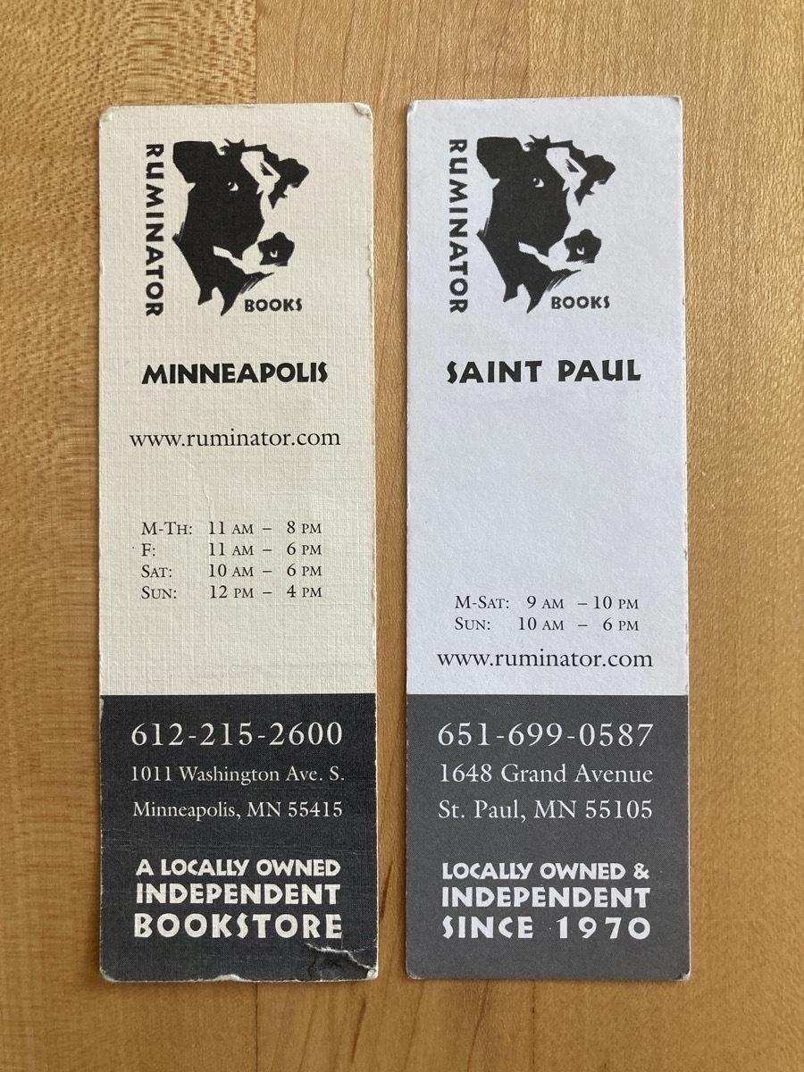 Two bookmarks from Ruminator Books