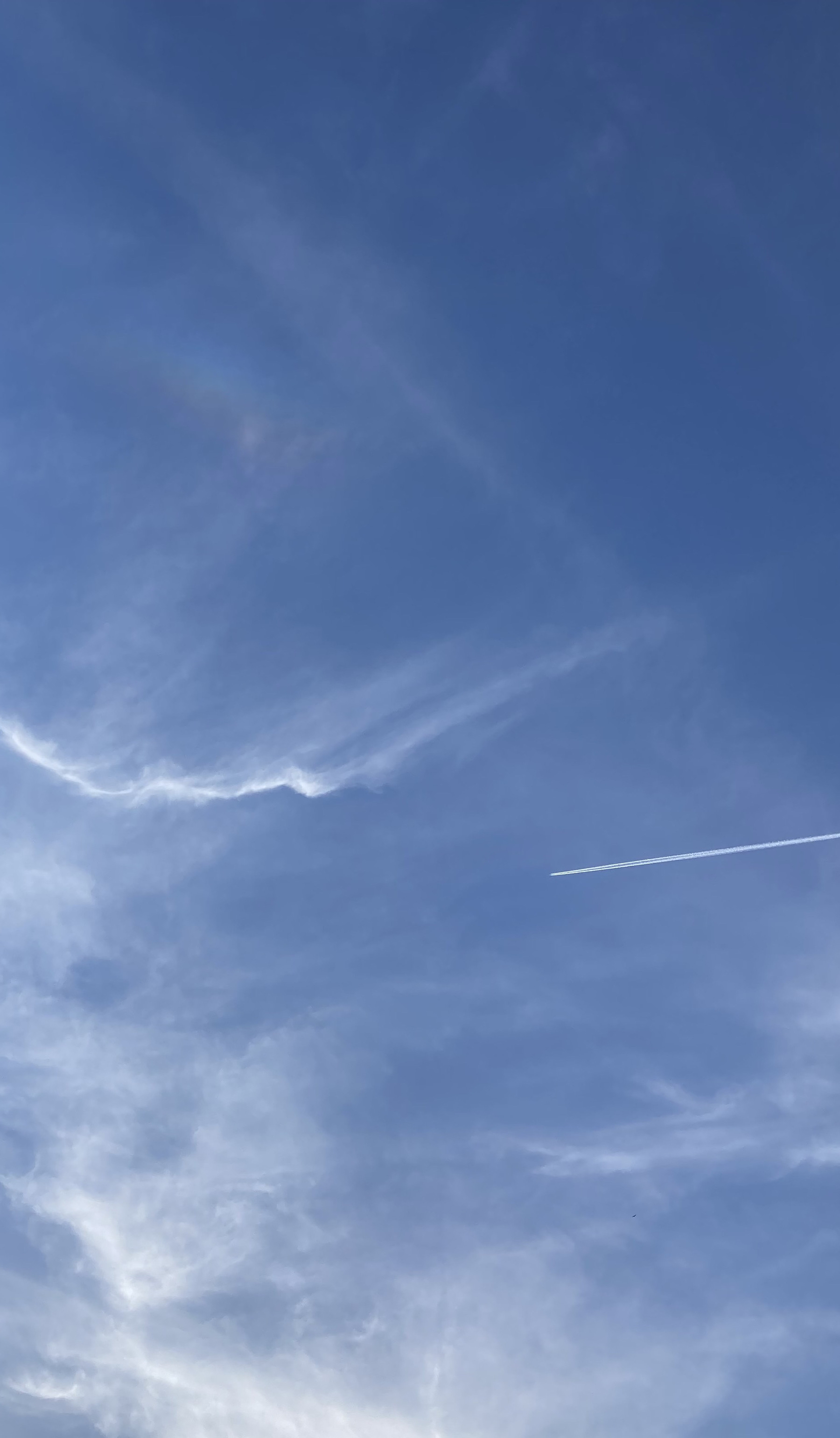 blue sky marbled with high cirrus clouds; the contrail of a transcontinental airplane passing left to right in the lower right; a faint sundog barely visible in the upper left