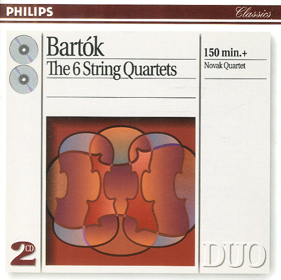 Album cover for the Novak Quartet's recording of Bartók's six string quartets showing the overlapping shapes of two violins, a viola, and a cello, making a prismatic pattern in browns and oranges