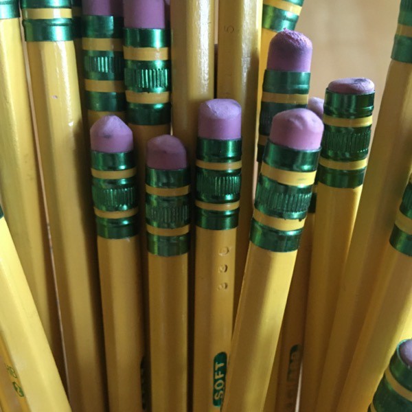 close-up of Ticonderoga ferrules and erasers