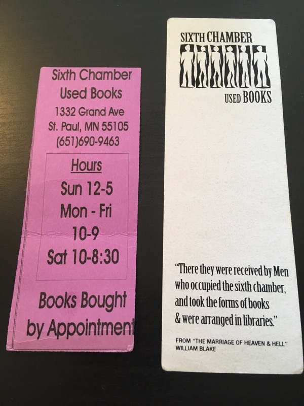 two bookmarks from Sixth Chamber Used Books in St Paul MN