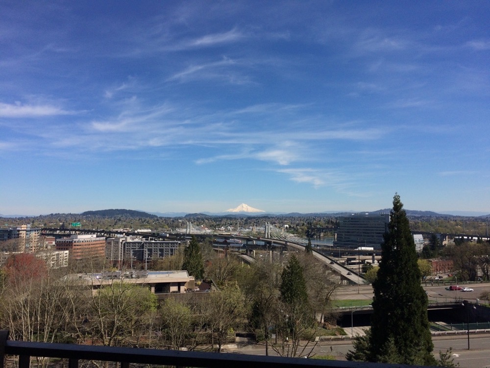 View over the Willamette and SE Portland with Mt Hood white with snow on the horizon under a clear sky with a few high cirrus clouds