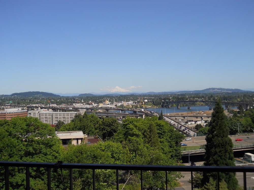 View over the Willamette and SE Portland with Mt Hood white with snow on the horizon under a clear blue sky