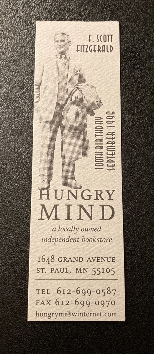 bookmark with an image of F. Scott Fitzgerald, commemorating his 100th birthday in September 1996