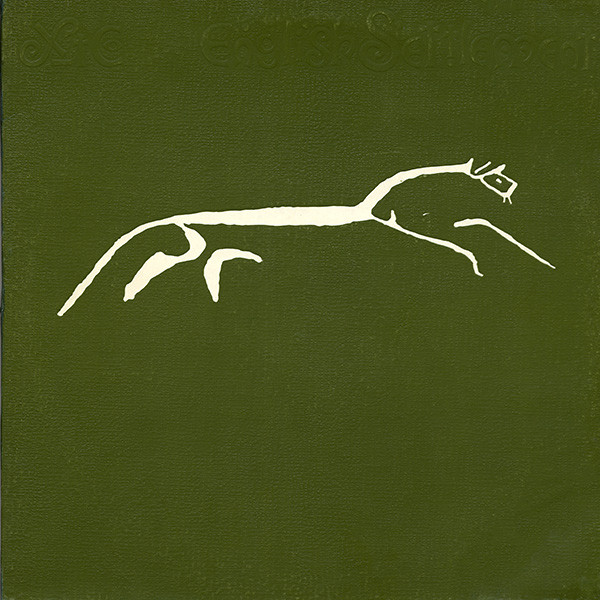 Cover image of XTC's 1982 album English Settlement, showing the Uffington Chalk Horse on a plain green field, with the title and band's name barely visible in embossed letters